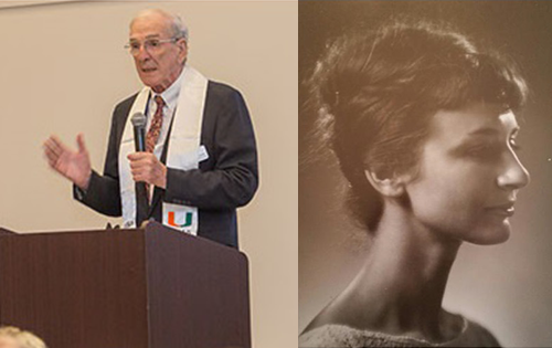 Two Photos in one. Left to right: Eugene Clasby in 2017. Photo: University of Miami communications; right photo is of Nancy Clasby