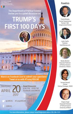 Flyer for event discussing Trump's first 100 days 